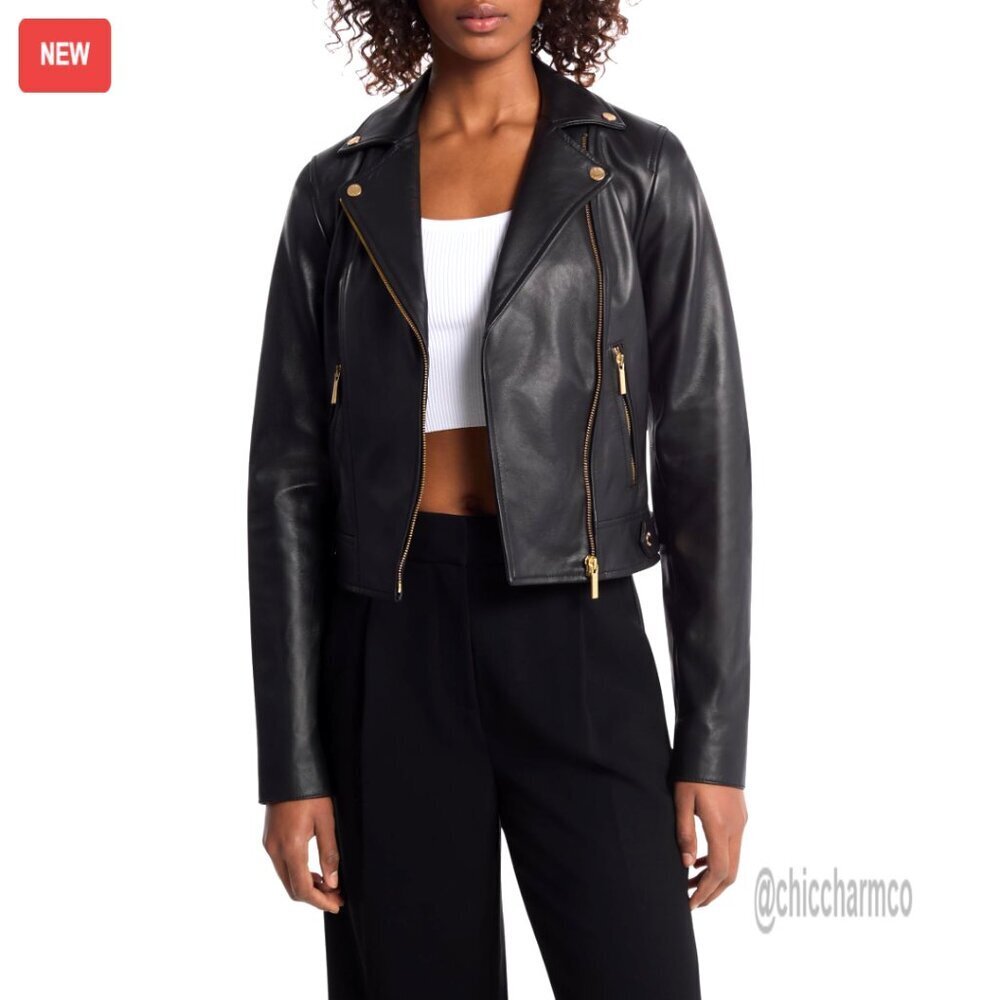 Leather Moto Jacket Cropped Hem Classic Chic Multiple Pockets Hardware Lining